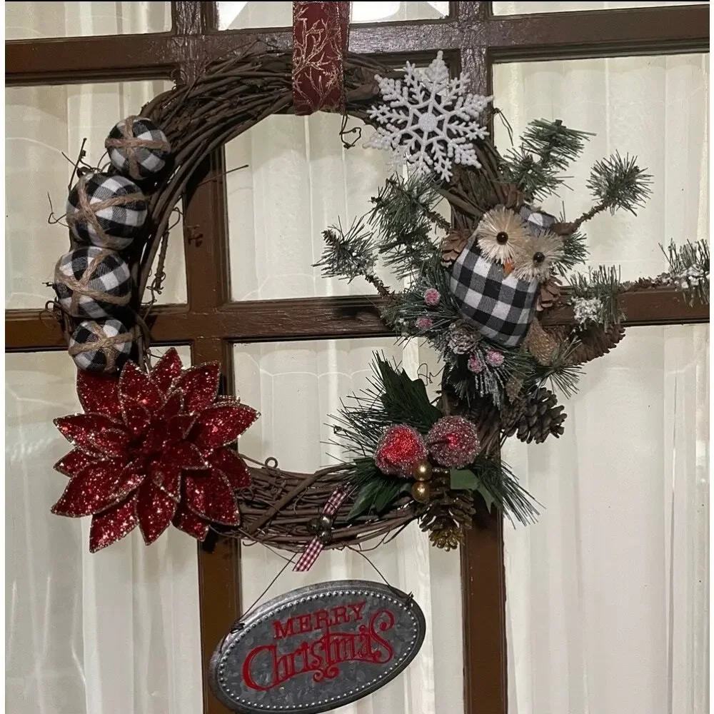 Christmas Owl Buffalo Plaid Grapevine Wreath 16